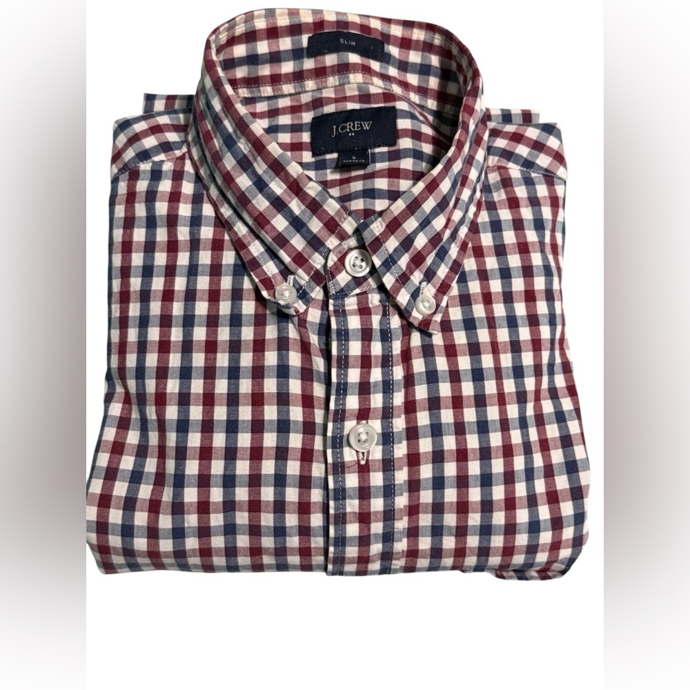 J. Crew Men's Burgundy and Navy Plaid Shirt